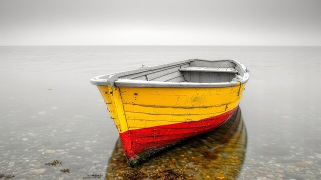   A yellow-and-red boat floats on a cloudy body of water near a rocky shore