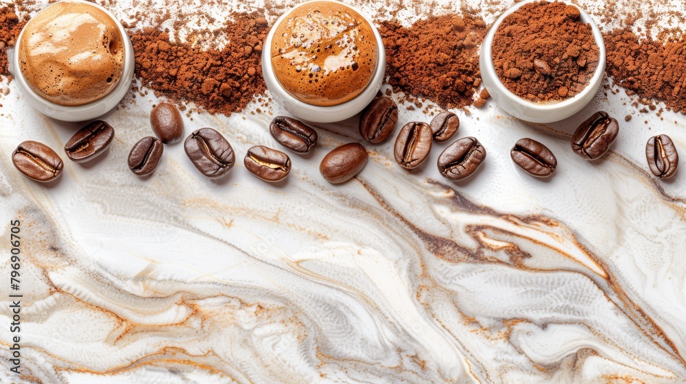 Poster   Three cups of coffee rest atop a marble surface, adorned with coffee beans and powdered sugar