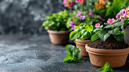   A collection of potted plants aligns beside one another on a cement floor, adjacent to a waterfall