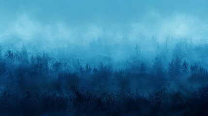   A painting of a forest with blue hues Trees populate the foreground, while a foggy sky recedes in the background - obrazy, fototapety, plakaty