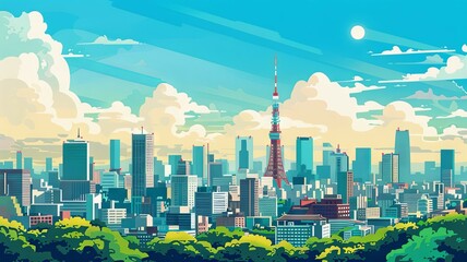 Iconic Tokyo Skyline With Towering Skyscrapers and Serene Clouds Under Bright Sky in Bustling Metropolitan City