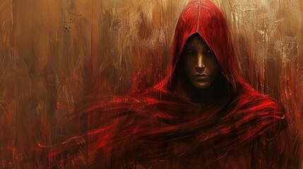   A person wearing a red cloak over their head and a red hood concealing it, stands before a brown backdrop - obrazy, fototapety, plakaty