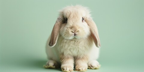 A small white rabbit sitting on a green background with its eyes closed. Generative AI.