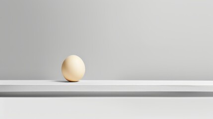   An egg atop a white shelf against a gray wall
