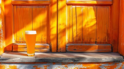   A tall beer glass rests atop a window sill, before a wooden door A tree casts its shadow behind it