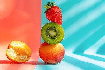 tasty and healthy fresh fruits balancing on each other, peach, kiwi and strawberry full of vitamins and antioxidants