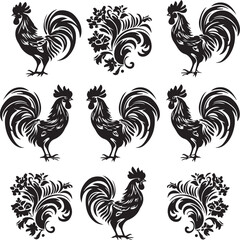 Set of Rooster silhouettes on white background	