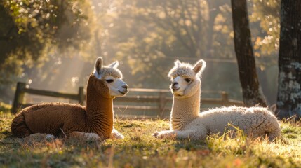 Naklejka premium Two alpacas are laying in the grass next to each other. Generative AI.