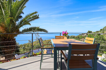 Sea view balcony with coffe table from holiday home in Salobrena, Andalusia, Spain, 2024