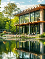 Obraz premium A large house sitting next to a body of water with trees in the background. Generative AI.