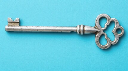   Close-up of a metal key, featuring a clover design at its end, against a blue background