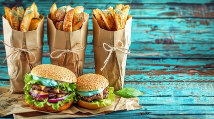   A few sandwiches and French fries atop a wooden table, with a sheet of paper underneath