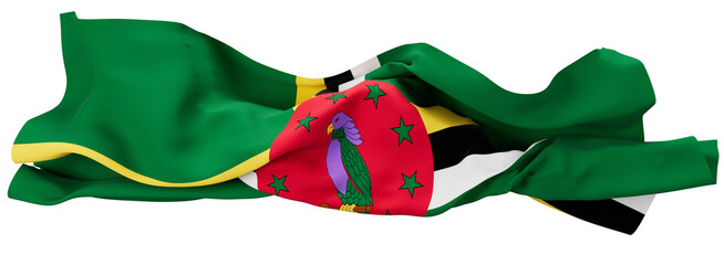 Vibrant Dominica Flag in Motion with a Sisserou Parrot Emblem