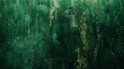   A tight shot of a window adorned outside with green and gold paint, inside veiled in water droplets - obrazy, fototapety, plakaty