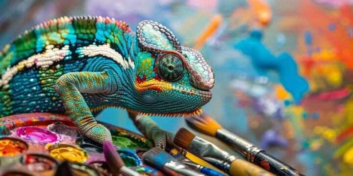 A colorful chamelon lizard sitting on top of a pile of paint brushes. Generative AI.