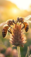 Two bees are on a flower in the sun with some leaves. Generative AI.