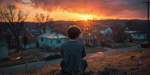 Fototapeta premium A boy sitting on a hill watching the sunset. Generative AI.