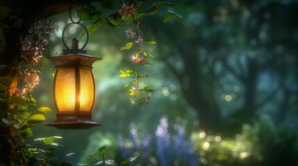   A lantern suspended from a tree branch, encircled by an abundance of forest leaves and blooms