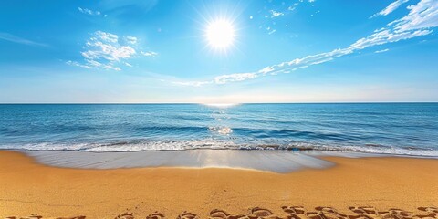 A wide shot of the beach with golden sand, blue sky and sea in the background backdrop for advertising or promotional materials related to travel, vacation Generative AI