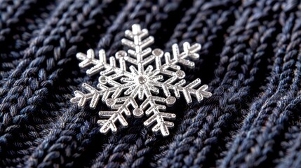   A tight shot of a snowflake on a textured knit fabric, softly blurring the backdrop of additional snowflakes