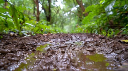   A forest path mired in mud, strewn with abundant leaves, and punctuated by a water-filled puddle - obrazy, fototapety, plakaty