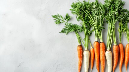  A collection of carrots aligned on a white tabletop, their verdant green leaves crowning them - obrazy, fototapety, plakaty