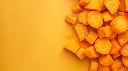   A yellow countertop holds a pile of chopped carrots, nearby lie a knife and fork - obrazy, fototapety, plakaty