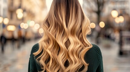 Woman from the back with balayage ombre hair dye technique, featuring a gradual transition from darker roots to lighter ends