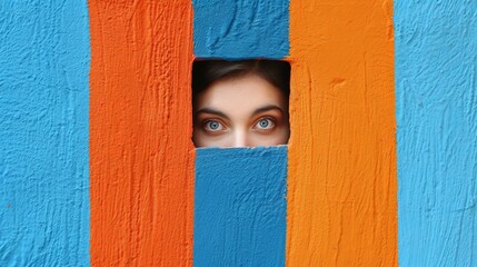   A woman's face partially emerges from a colorful, painted wall with a circular opening - obrazy, fototapety, plakaty