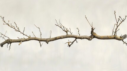   A bird perched on a leafless branch against a gray backdrop - obrazy, fototapety, plakaty