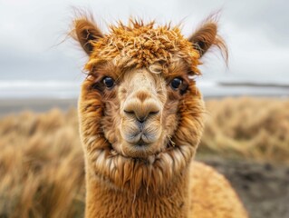 Fototapeta premium A close up of a llama with some hair on it's head. Generative AI.