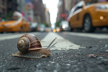 A snail crawling across a city street in front of taxis. Generative AI.