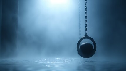   A black ball suspended from a chain over a body of water Background features a brilliant light