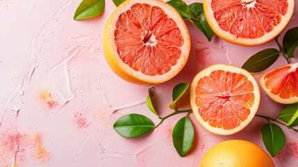   A collection of grapefruits, halved, on a rosy backdrop with surrounding green foliage