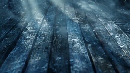   A crisp image of a wooden floor covered in snowflakes, with additional snowflakes delicately falling off - obrazy, fototapety, plakaty