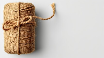   A roll of jute twine against a white background, bound by a rope Text or image insertion area ..White backdrop: jute