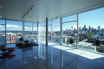 A large living room with a view of the city from floor to ceiling windows. Generative AI.