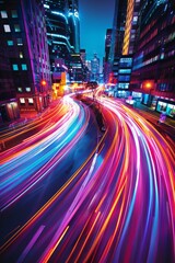 Fototapeta premium A city street with streaks of light from cars driving down it. Generative AI.