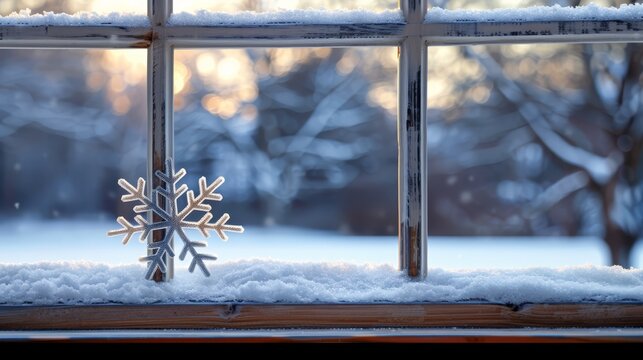   A snowflake atop a window sill, before a window encased in snow