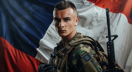 Fototapeta premium French soldier stands by flag, tactical gear and assault rifle.