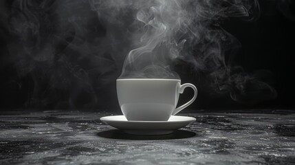   A steaming cup of coffee rests on a saucer, releasing tender wafts of steam above the table