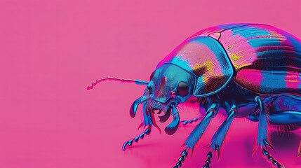   A tight shot of a blue beetle against a pink background on its left, and a pink beetle on the right side - obrazy, fototapety, plakaty