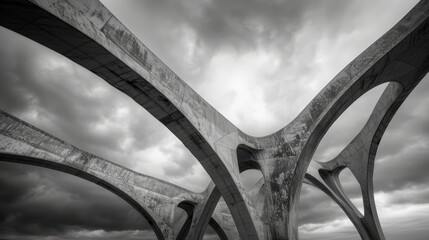   A monochrome image of a sculpture situated in an open field against a backdrop of cloud-filled sky