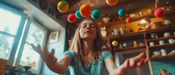 A woman in a kitchen juggling balls with her hands. Generative AI.