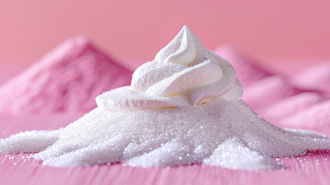   A pink tablecloth holds a mound of whipped cream, nearby is a mountain range, each peak crowned with snow