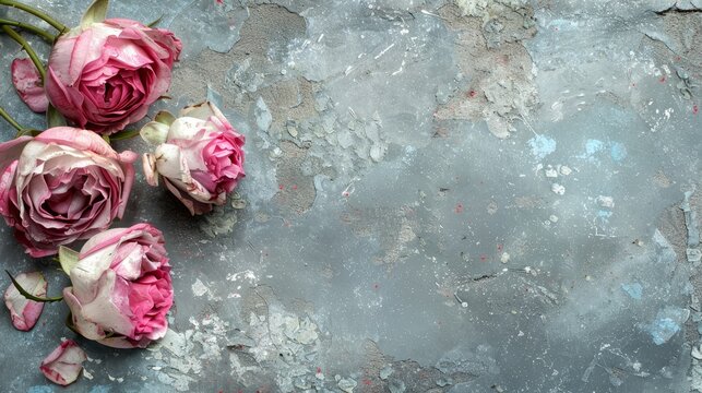   Three pink roses atop a gray-white surface with paint splatters
