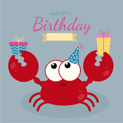  Flat Design Happy Birthday To You Illustration with Crab wearing  Party Hat Holding Presents