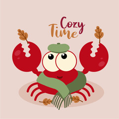  Flat Design Cozy Time Illustration with Crab wearing  Beret , Scarf Holding Leaves