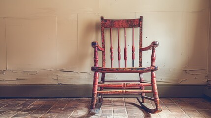   A wooden rocking chair on a tiled floor, situated in a room with peeling paint walls White wall serves as its backdrop