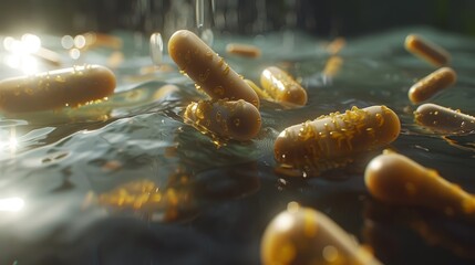   A collection of pills hovering above separate bodies of water One group floats before another - obrazy, fototapety, plakaty